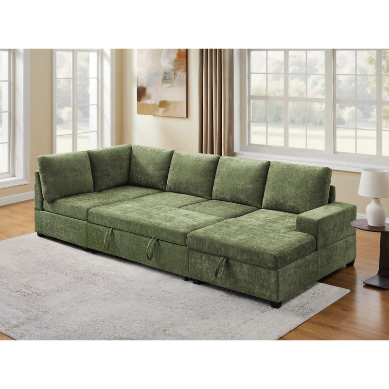 Pull-Out Sofa With Storage Chaise, Upholstered Couch, Green Polyester/Fabric