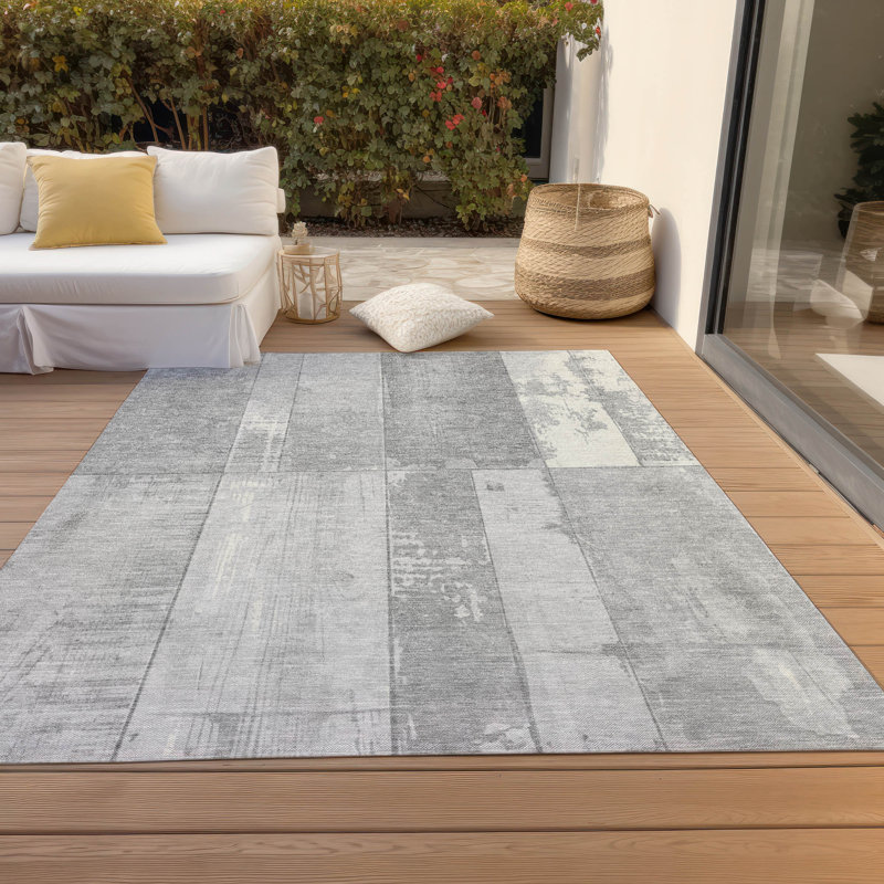 Tapis intérieur / extérieur gris lavable à la machine Xhevrie, Rectangulaire 8 pi x 10 pi