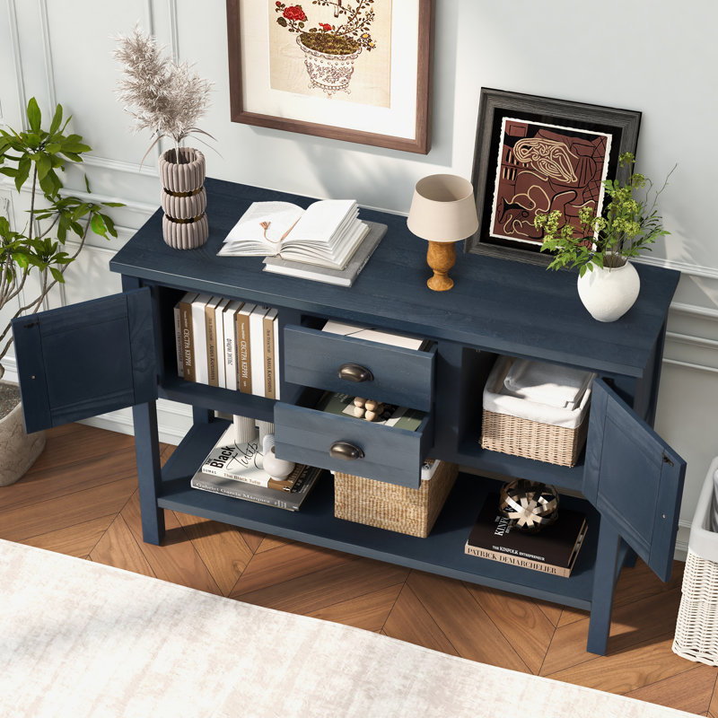 Console 48 po en bois massif avec 2 tiroirs, armoires et tablette inférieure - Buffet de salle à manger de style rétro