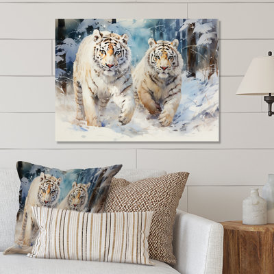 White Tigers Playing In The Snow IV - Tiger Animal Metal Wall Art
