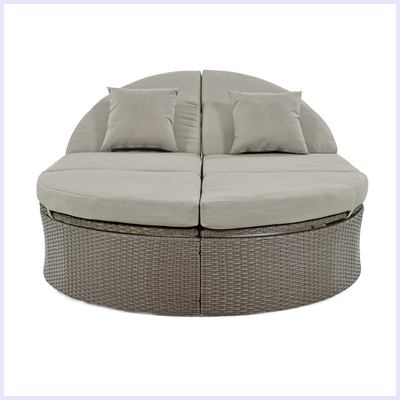 Outdoor Sun Bed Patio 2-Person Daybed with Cushions and Pillows, Rattan Garden Reclining Chaise Lounge with Adjustable Backrests and Foldable Cup Trays