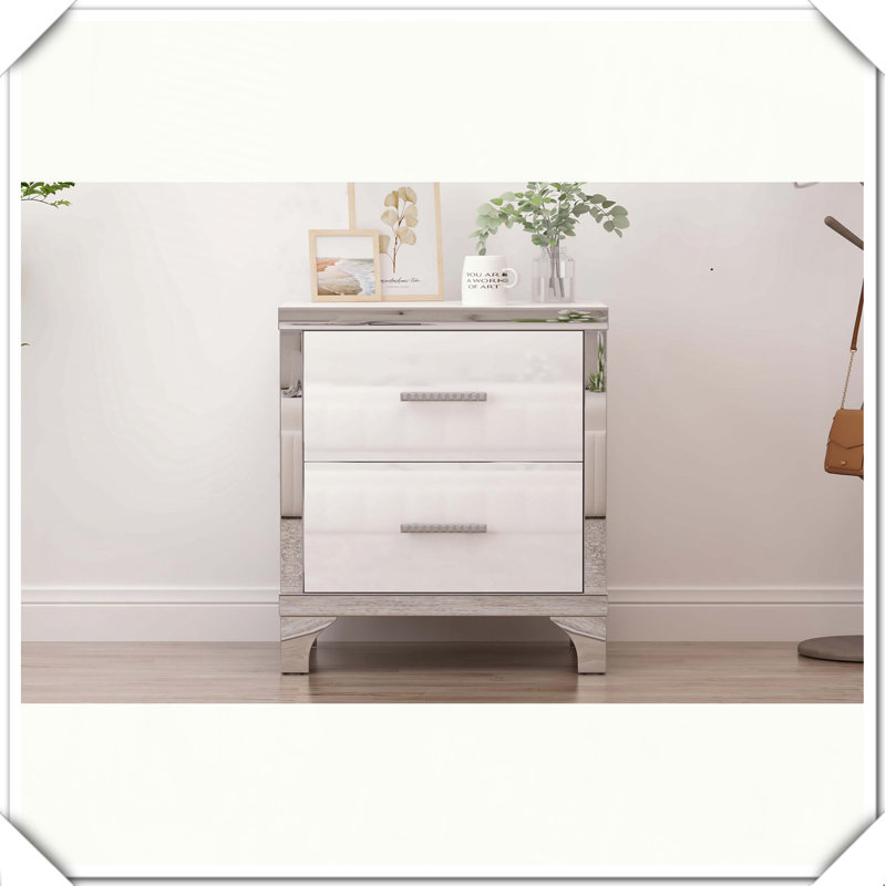 Élégante table de chevet ultrabrillante à poignée en métal 2 tiroirs Fonctionnelle, polyvalente et élégante, Blanc