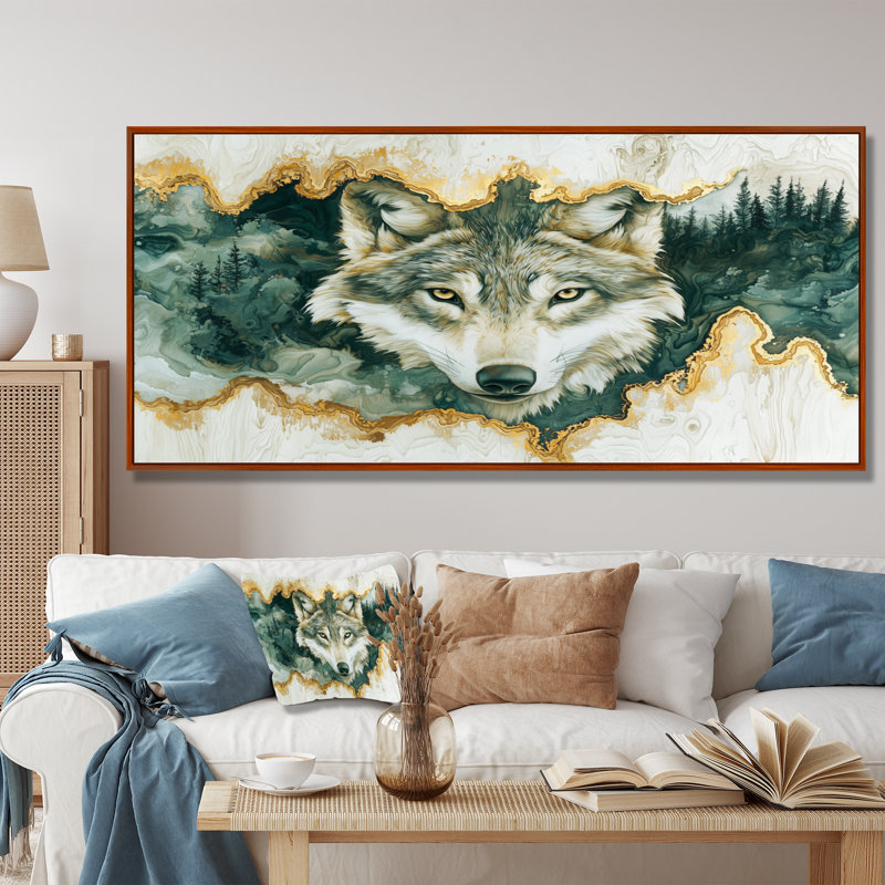 Loup en hiver, forêt, rivière à encre II - animaux, art mural, H 28 po x l 60 po, Impression encadrée flottante, Brun