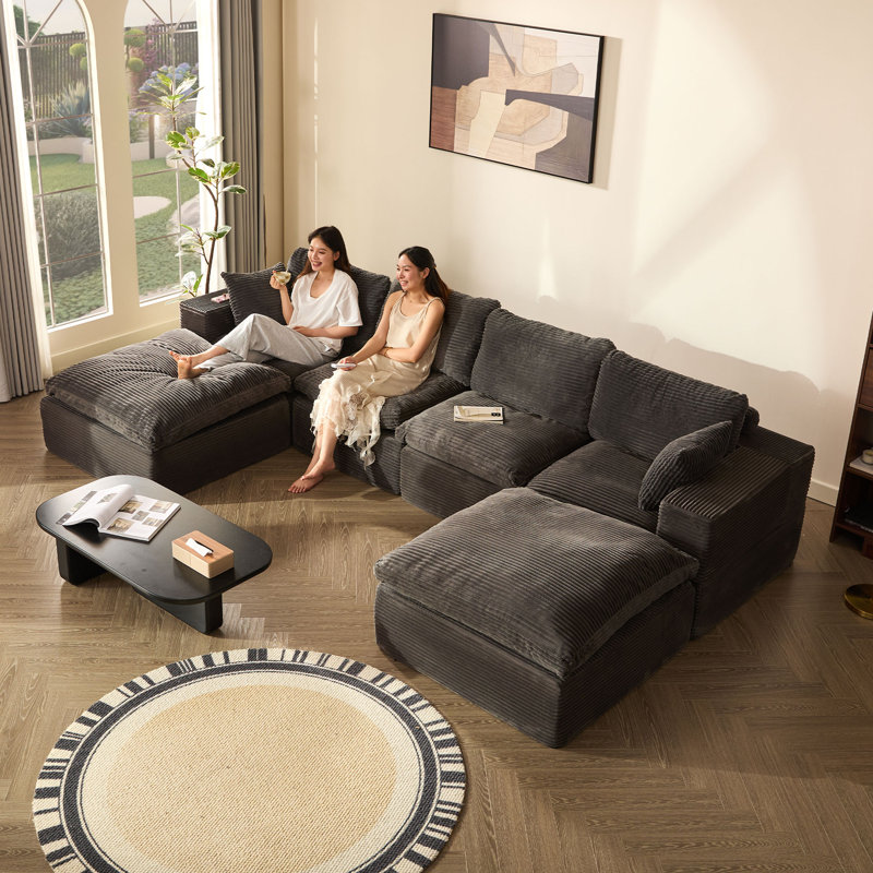 3-Seater L-Shaped Modular Sectional Sofa Bed with Ottoman, Grey, 345cm-4U