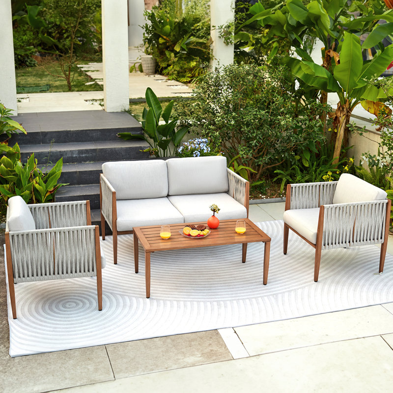 4 Pieces Patio Furniture Sets, Outdoor Patio Seating Group With Handwoven Rope, Wooden Grain Printing Metal Frame