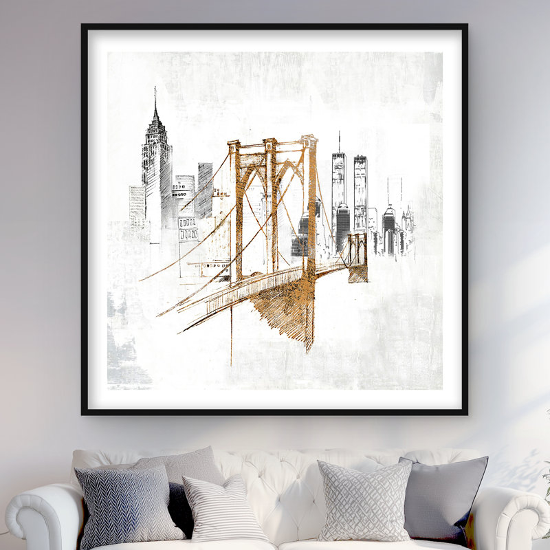 Brooklyn Bridge Blurry Sketch - Yellow Framed Matted Print