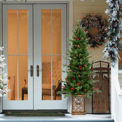 Arbre de Noël illuminé 4 pi avec base lumineuse Sparkling, 396 pointes, 100 lumières DEL, baies et pommes de pin, branches en PE / PVC, pot lumineux