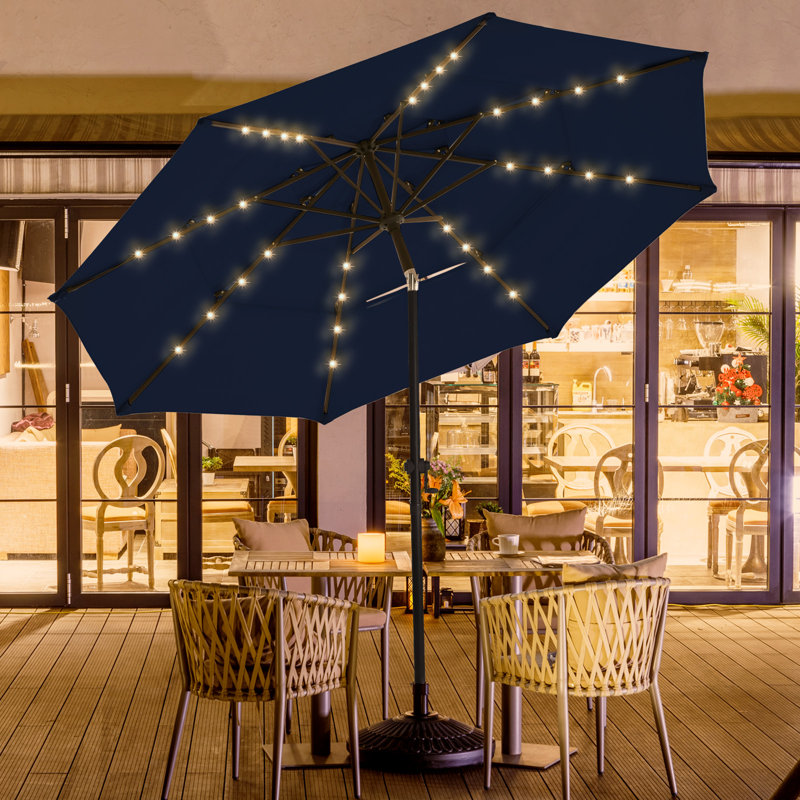 3-Tier Solar Led Lighted Market Patio Umbrella with Push Button Tilt, Navy, 100" H x 108" W x 108" D