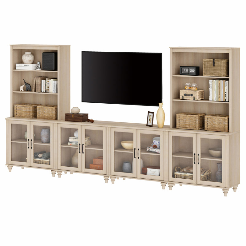 Entertainment Center With Bookshelves For Tvs Up To 75", Farmhouse Wall Unit TV Stand With Glass Doors, Bedroom & Home Theater, Light Beige