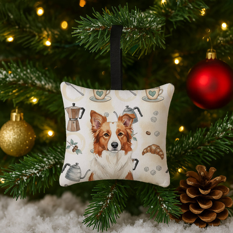 Ornement carré en tissu rouge et blanc avec bordure et collie café 3,5 po x 3,5 po, Border collie rouge et blanc