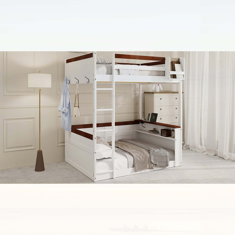 Grand lit superposé en bois avec tablettes intégrées, boîte de rangement, lumière DEL et station de charge USB, blanc, Blanc