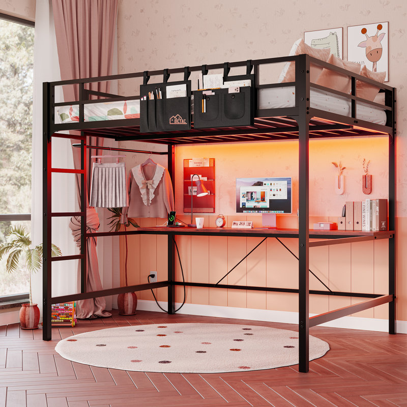 Full Size Loft Bed With Desk And Led Light, Metal Full Size Loft Bed With Power Outlet, Full Size Bed Frame With Upper Bunk, Safety Guard And Ladder, Space Saver,
