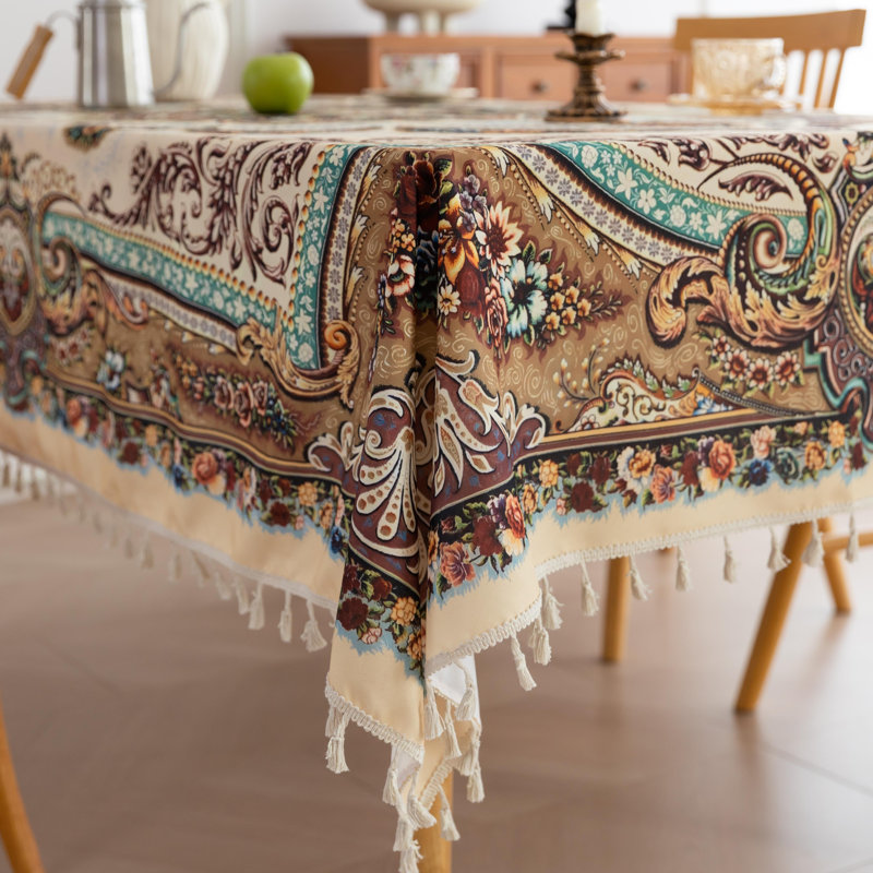  Nappe imprimée à la main pour tables carrées, couverture de table à motif arabe avec bords frangés, nappe décorative pour la cuisine et la salle à manger, 59 po x 102 po