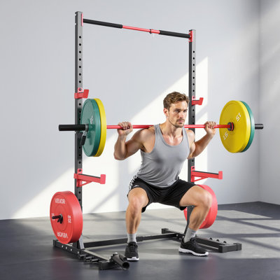 Power Cage Rack, Multifunctional Squat Rack for Home Gym, Width-Adjustable Workout Strength Training Equipment with 6 Band Pegs, Landmine Attachment &