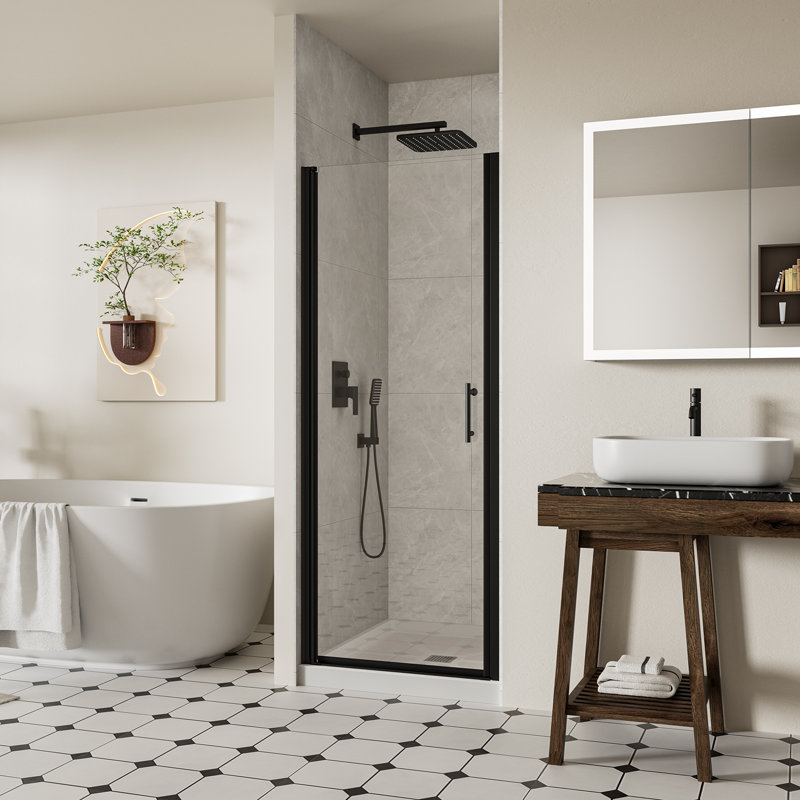 30-31.4" W x 72" H Frameless Pivot Shower Door, 1/4" (6mm) Clear SGCC Tempered Glass Shower Door, Pivot Swing Shower Glass Door in Matte Black Finish, Reversible Installation