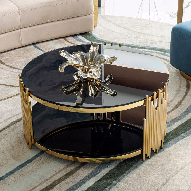Table basse ronde à double couche en acier inoxydable avec plateau en verre trempé noir
