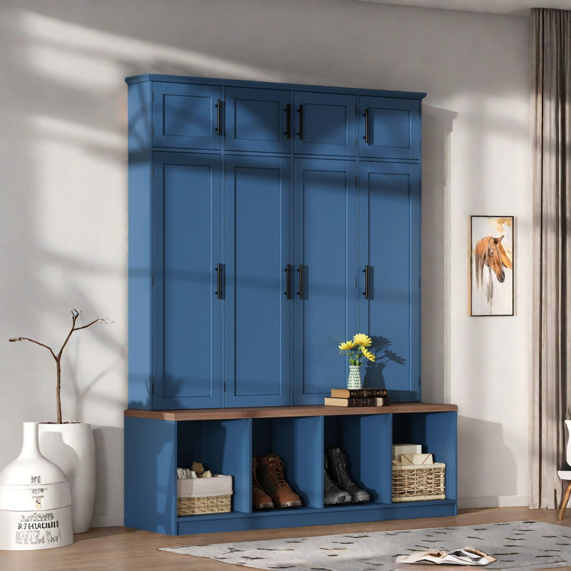 Farmhouse Hall Tree With 4 Hidden Hanging Hooks, 8 Doors, Seating Bench And Shoe Cabinet, Blue