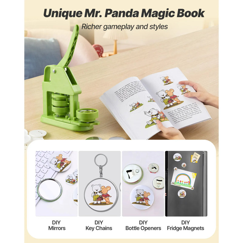 Machine à boutons, machine à épingler en plastique avec pièces pour boutons, livre magique Mr. Panda, coupe-cercle et clés hexagonales, poignée ergonomique renforcée, pour badges de bricolage, épingles personnalisées