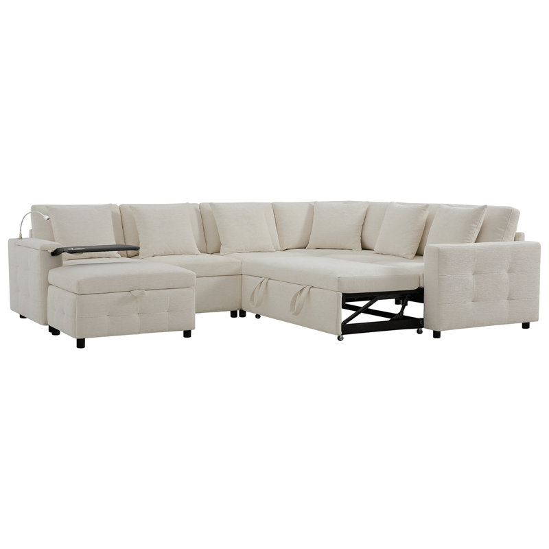 Canapé-lit modulaire coulissant 117 * 90 po avec panneau de table rabattable, lampe de lecture, ports de charge, repose-pieds de rangement, conception capitonnée, 6 coussins, combinaison surdimensionnée et libre, chenille, 2 couleurs