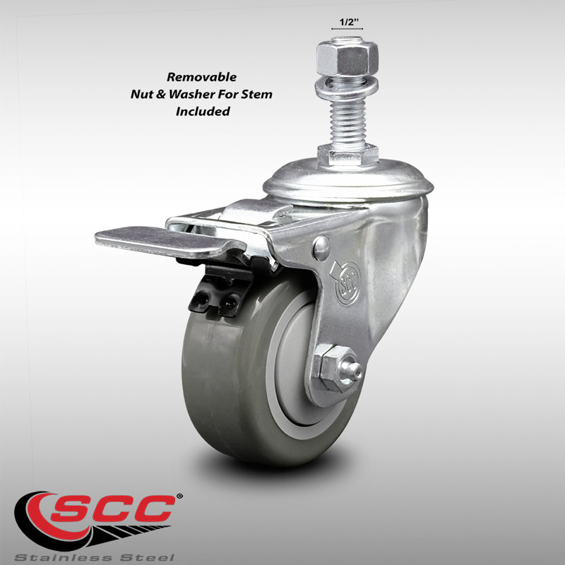 3 Inch SS Gray Polyurethane ½ Inch Threaded Stem Caster with Total Lock Brake