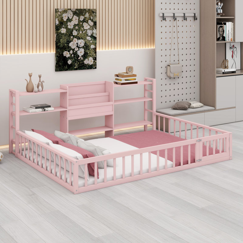 Base de lit multifonctionnelle avec clôture intégrée et tablettes de rangement, Queen, Pink