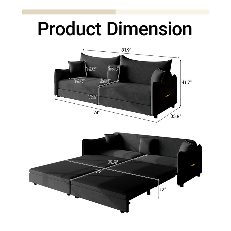 81.9" Wide Velvet Pull Out Sofa Bed Loveseat Chaise 3 in 1 King Size Convertible Sleeper Couch With Pillows, Black