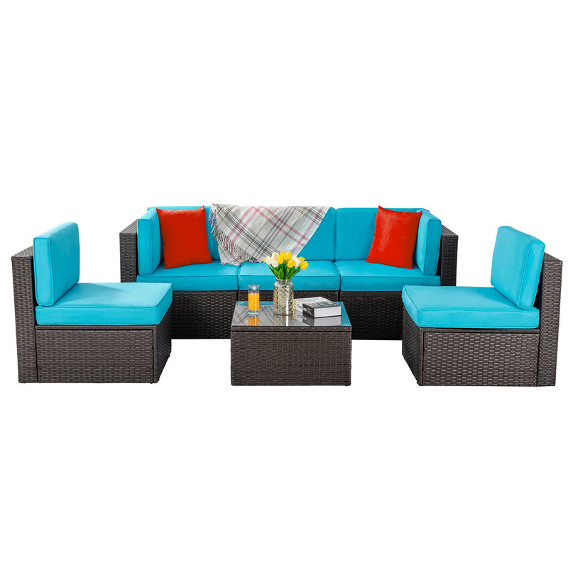 Ensemble de conversation modulaire en rotin 6 pièces avec coussins Arlynne, Bleu
