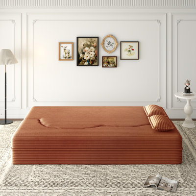 Canapé-lit moderne avec 2 coussins, canapé-lit convertible en velours côtelé rembourré de mousse, matelas pliant double de 15 po pour le salon, lit d'invité, aucun assemblage requis, orange