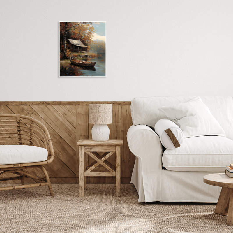 Plaque d'automne «Autumn Cabin Canoe with Leaves», conception par Arlington Prints