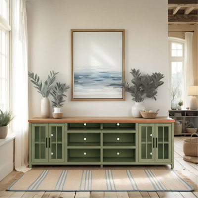 Console de 96 po pour téléviseur de 100 po, sans assemblage, finition bicolore, sauge et bois fruitier, support de style champêtre jusqu'à 100 po