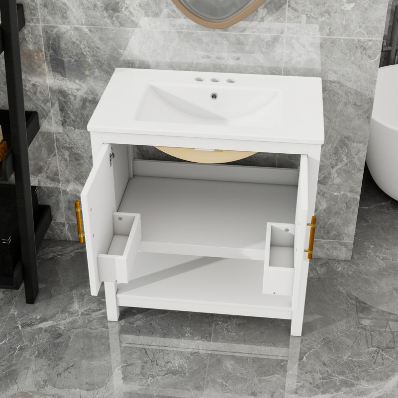 Meuble-lavabo de salle de bain avec lavabo en céramique, tablette Botom et armoire de rangement, Blanc