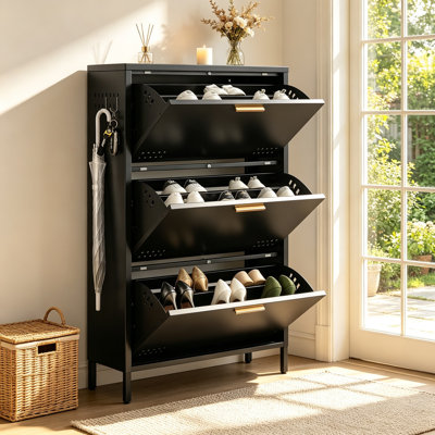 Classic Black Tilt Out Shoe Cabinet with Side Hooks, High-Leg Metal Entryway Storage Organizer – Heavy Duty Carbon Steel Shoe Rack for Hallway, Bedroom & Living Room