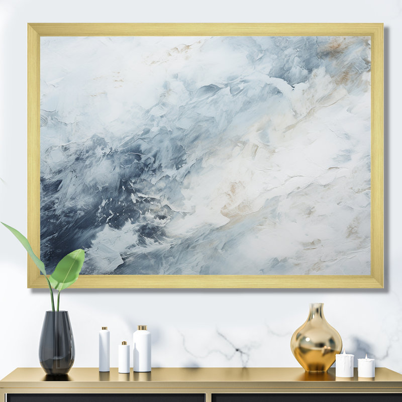 «Blue and White Snow Blooming II - Abstract Shapes», art mural, Cadre doré simple, H 30 po x l 40 po x P 1,5 po