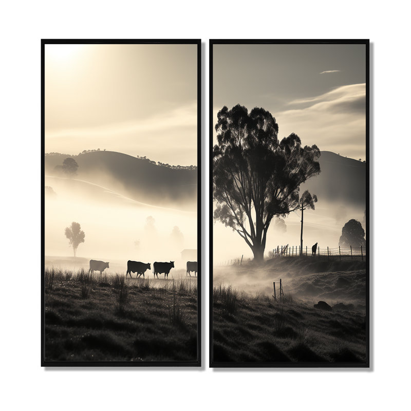 Bovin brumeux, art mural sur toile, H 20 po x l 24 po, Impression encadrée flottante, Noir