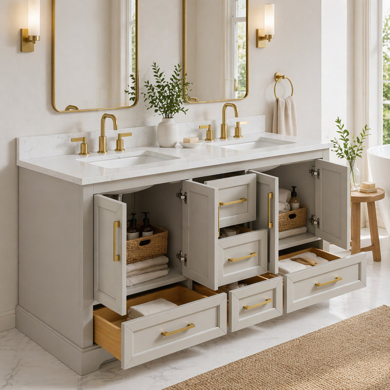 Calonia Snowline Freestanding Double Sink Bathroom Vanity With Engineered Stone Top, 61"