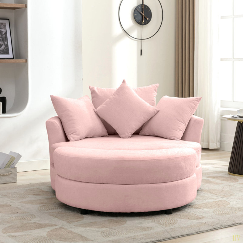 Fauteuil demi-tonneau pivotant à 360 ° avec repose-pieds avec rangement et 4 coussins, fauteuil de loisirs moderne en chenille pour salon