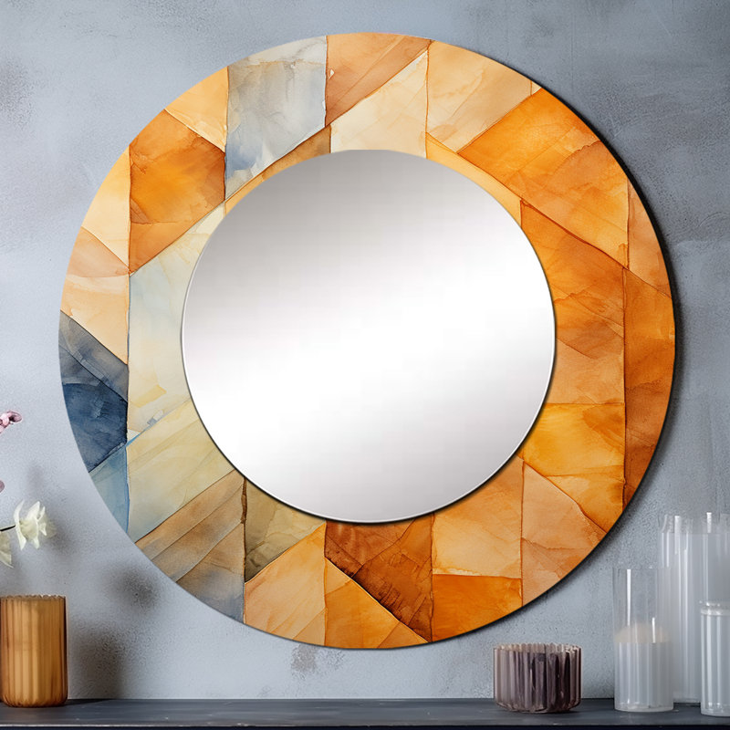 Scornik Topaz Tessellation I - Abstract Shapes Wall Mirror, Yellow Round Decorative Mirror, Printed Metal Art, 36" x 36"