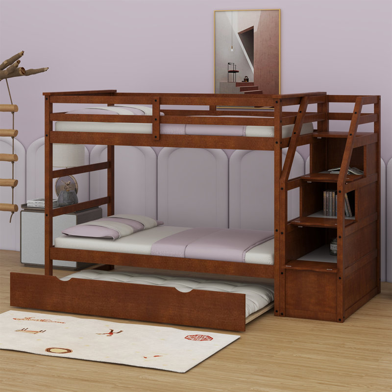 Iftekar Kids Bunk Bed with Trundle, Walnut, Twin Over Twin