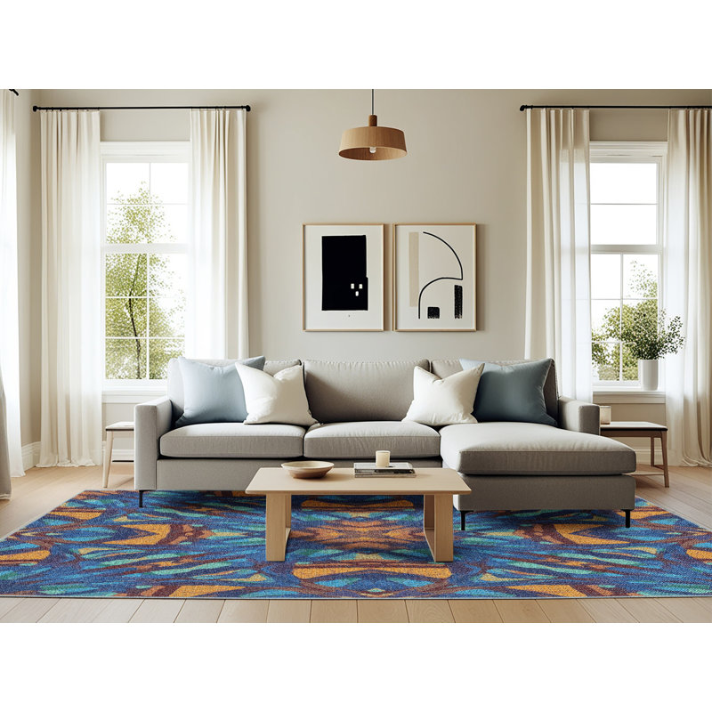 Tapis bleu tissé à la machine, Rectangle 6 pi x 9 pi