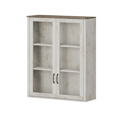 Rustic White Bookcase With Glass Doors, 33.9'' W（Pair With The Lower Half Of The Scarlett Series）