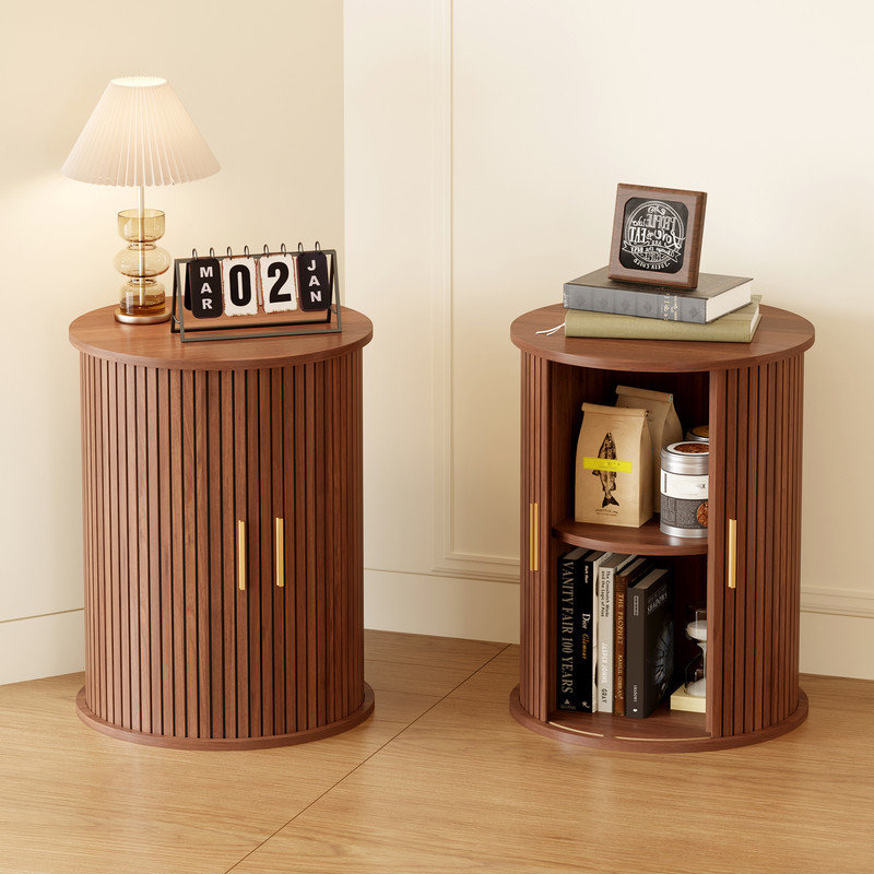 Set of 2 Mid Century Modern End Tables with Tambour Door - Round Fluted Wood Nightstands for Bedroom or Living Room,Finish Storage Side Tables(Brown)