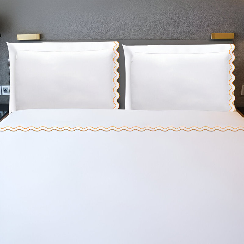400TC Reverse U Shape Embroidery Cotton 4 Piece Sheet Set Fitted Sheet Fits Upto 16" Deep Pocket, Twin Extra Long Sheet Set
