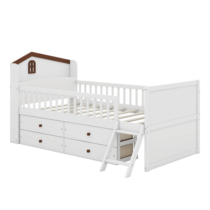 Lit plateforme simple pour enfant avec tête de lit et échelle garde-corps, lit Montessori, base de lit en bois avec 4 tiroirs