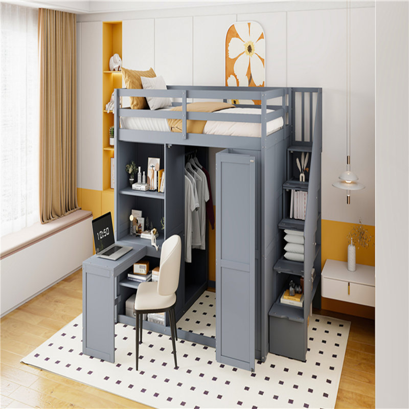 Lit mezzanine double avec garde-robe, bureau et tablettes intégrés pour une efficacité et une organisation optimales, gris