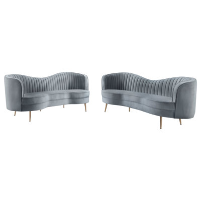 2 Grey And Gold Camel Back Living Room , Soft Velvet , Inverted Curve Design, Tapered Legs For Style Elegant Wrapped, Style, Vertical Channel