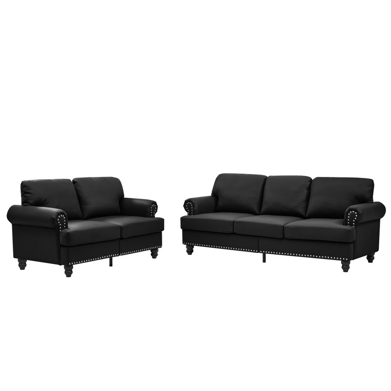 Cuir de vache noir 2 places + 3 places et, de style classique avec des clous argentés, des pieds en bois massif, des coussins à ressorts confortables à ressorts américains, une structure ronde décorative, des sièges à haute élasticité, un rangement