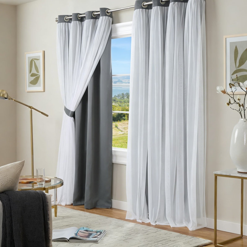 Double Layer Curtains 2-Pack - Sheer & Blackout Room Darkening Panels With Grommet Top For Energy Efficiency, 52" W x 84" L