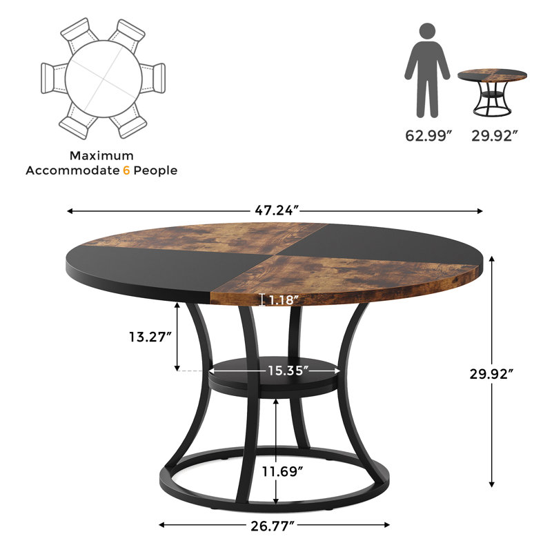 Round Dining Table for 4-6, 47 inch Wood Dining Room Table with Storage Shelf, Brown & Black, No Chairs, Rustic Brown/Black