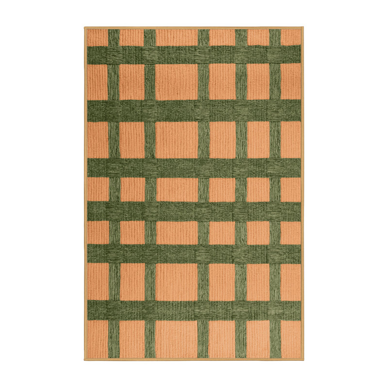 Machine Washable Checkered Brown Area Rug, Rectangle 5' x 7'