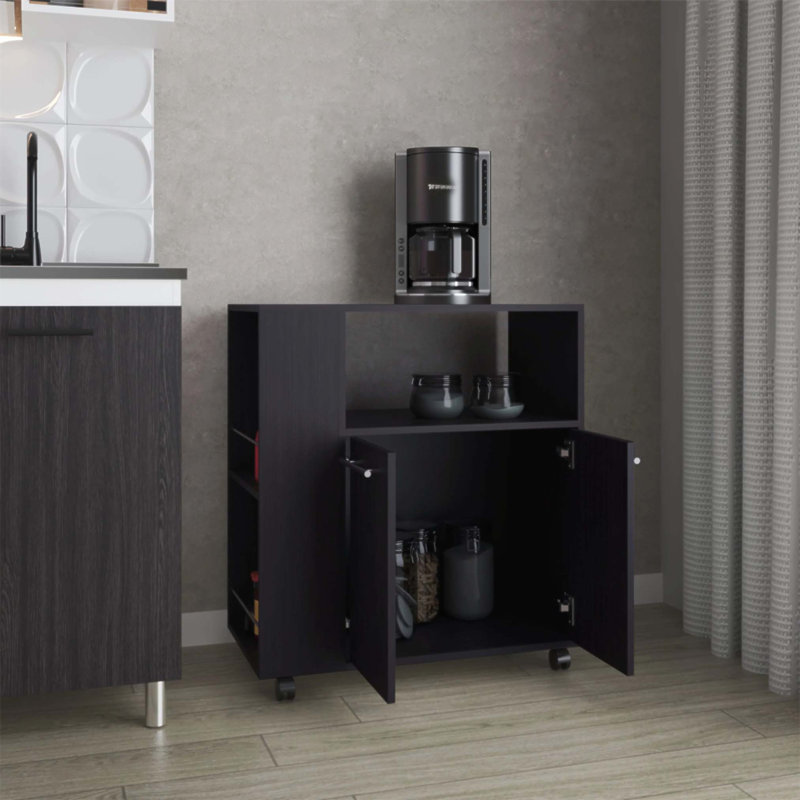 Wengue Kitchen Cart with Microwave Shelf and Open Storage, Perfect for Small Kitchens and Efficient Organization., Black